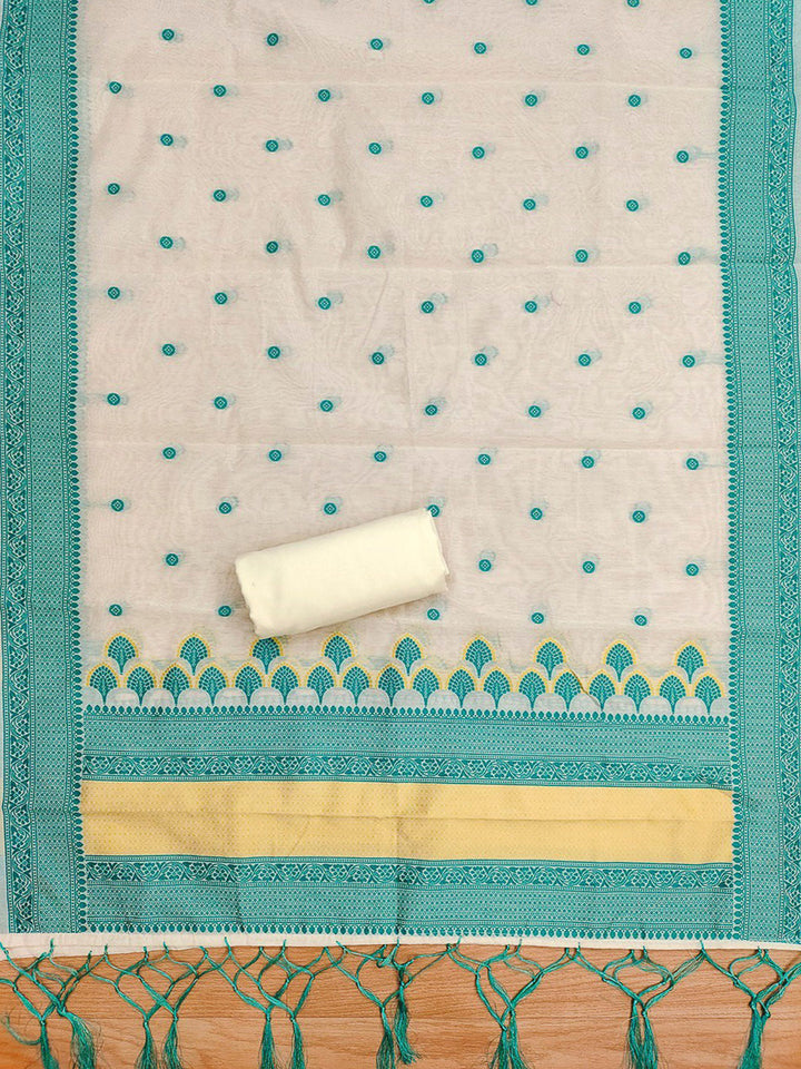 Teal-Blue Pure Handloom Banarasi Resham Cotton Woven Design Unstitched Dress Material