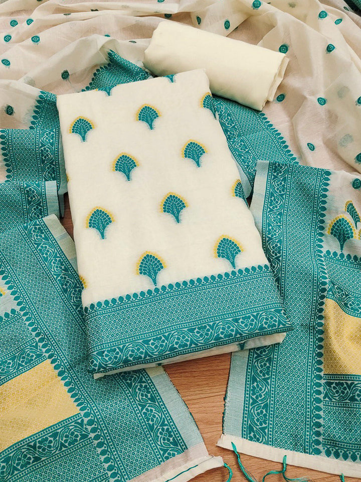 Teal-Blue Pure Handloom Banarasi Resham Cotton Woven Design Unstitched Dress Material