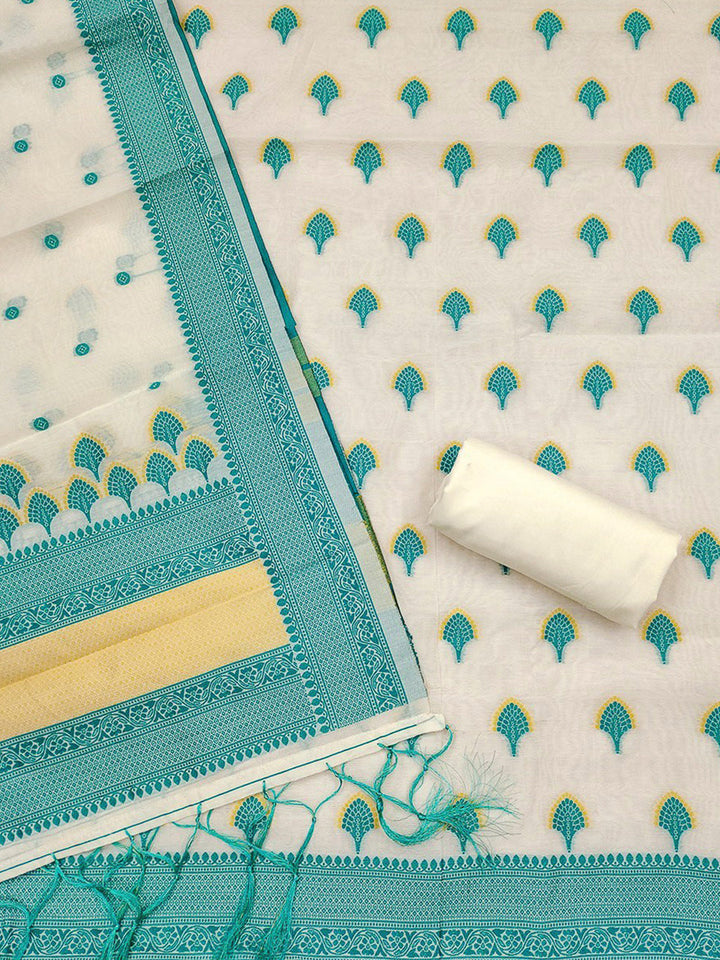 Teal-Blue Pure Handloom Banarasi Resham Cotton Woven Design Unstitched Dress Material
