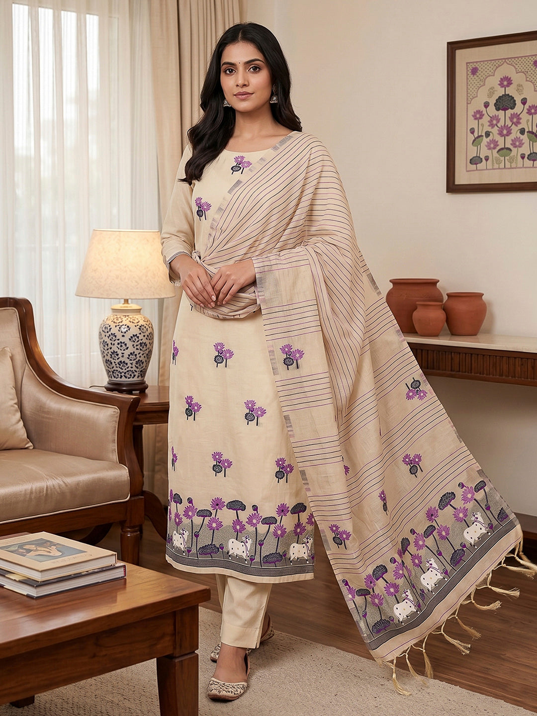 Chikoo Muga Cotton Woven Design Unstitched Dress Material