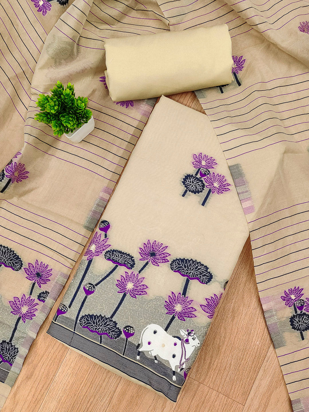 Chikoo Muga Cotton Woven Design Unstitched Dress Material