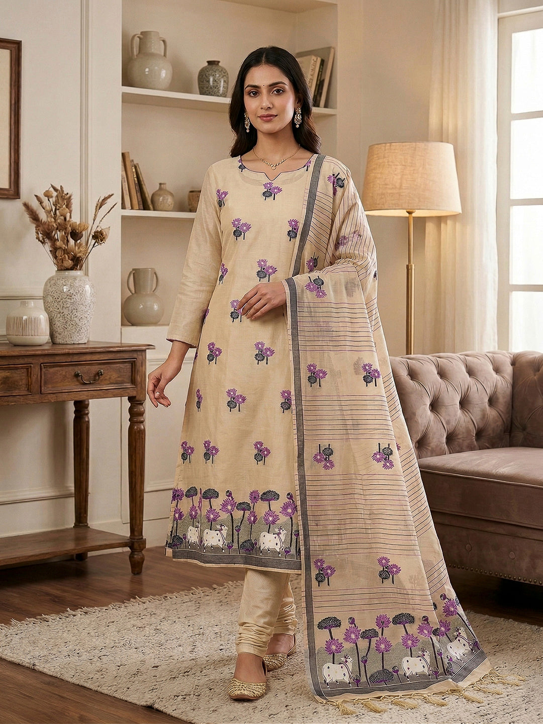 Chikoo Muga Cotton Woven Design Unstitched Dress Material