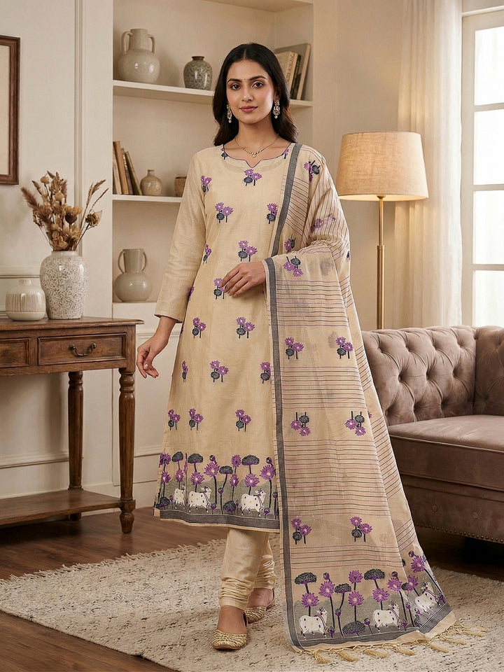 Chikoo Muga Cotton Woven Design Unstitched Dress Material