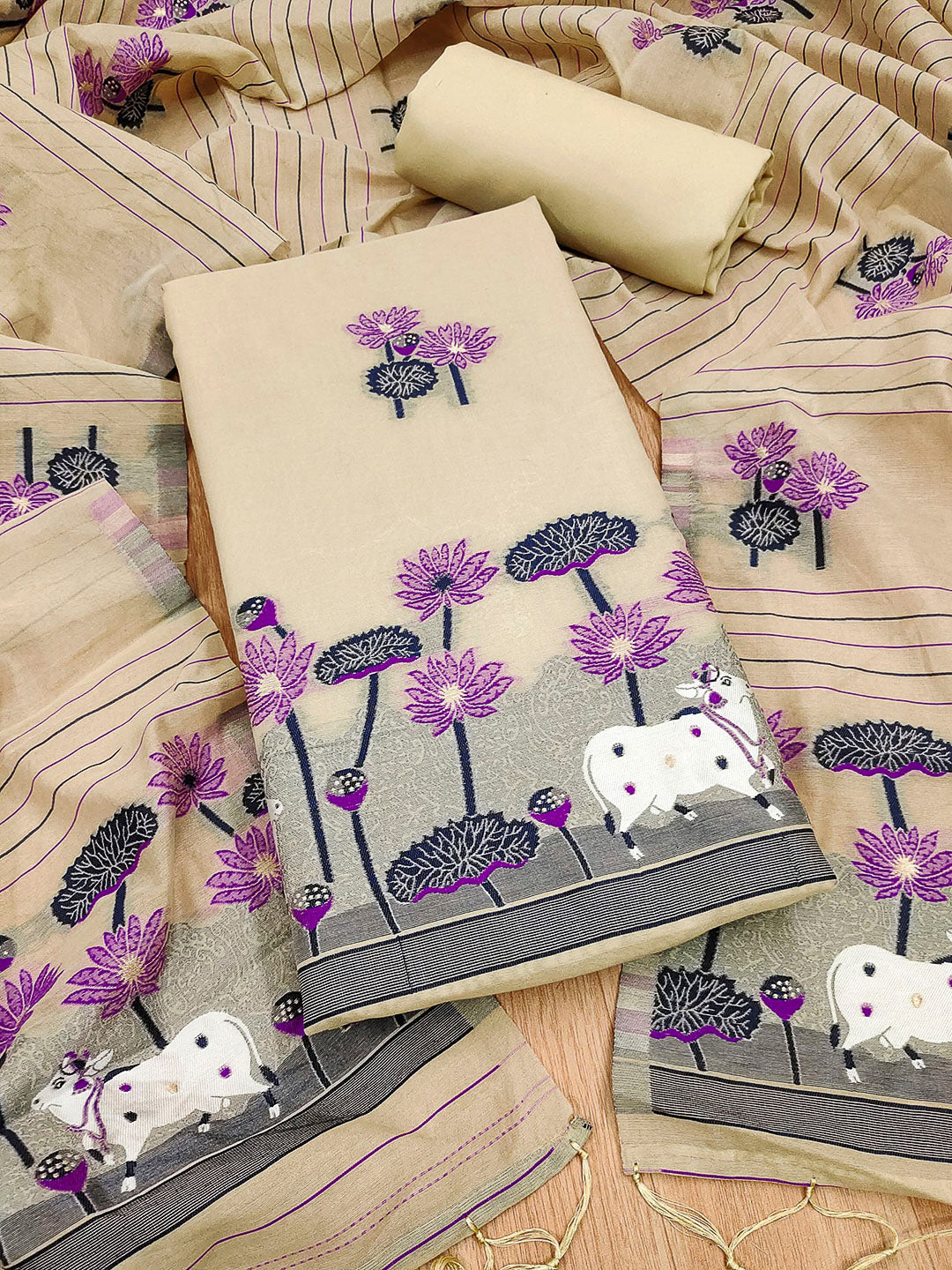 Chikoo Muga Cotton Woven Design Unstitched Dress Material