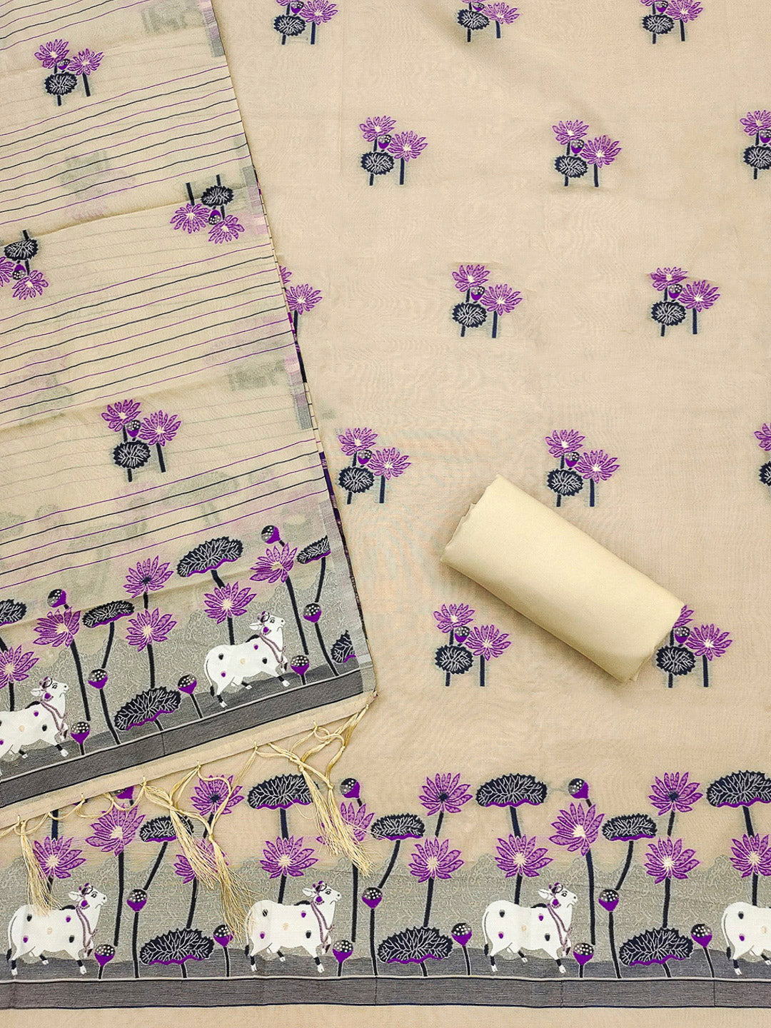 Chikoo Muga Cotton Woven Design Unstitched Dress Material