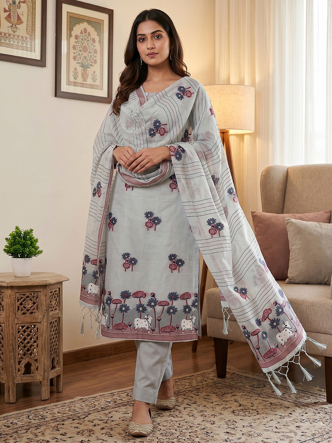 Grey Muga Cotton Woven Design Unstitched Dress Material