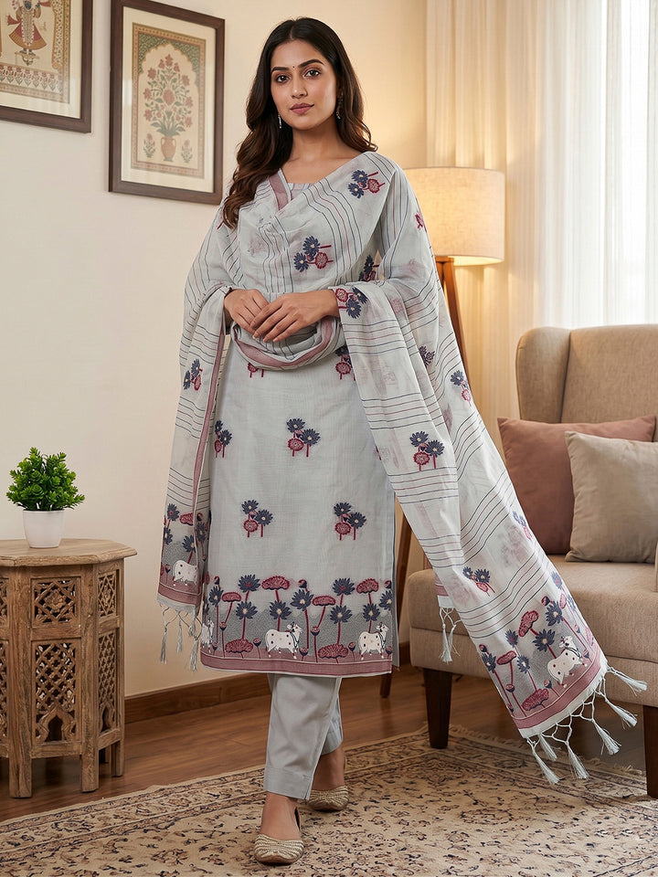 Grey Muga Cotton Woven Design Unstitched Dress Material
