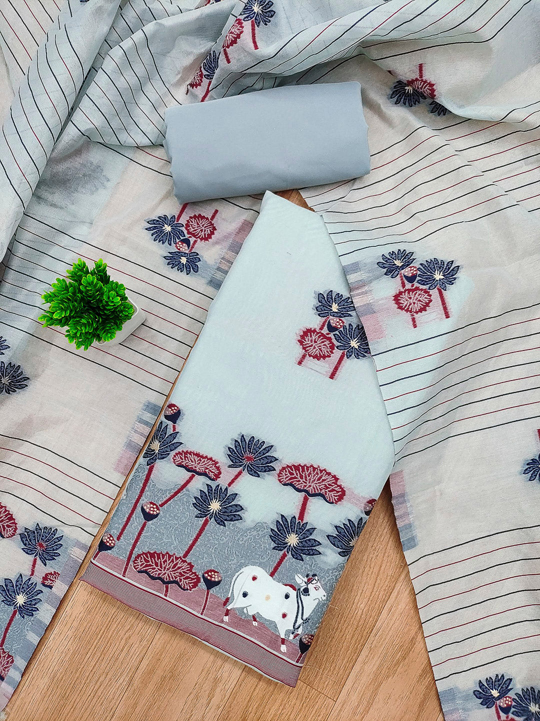 Grey Muga Cotton Woven Design Unstitched Dress Material
