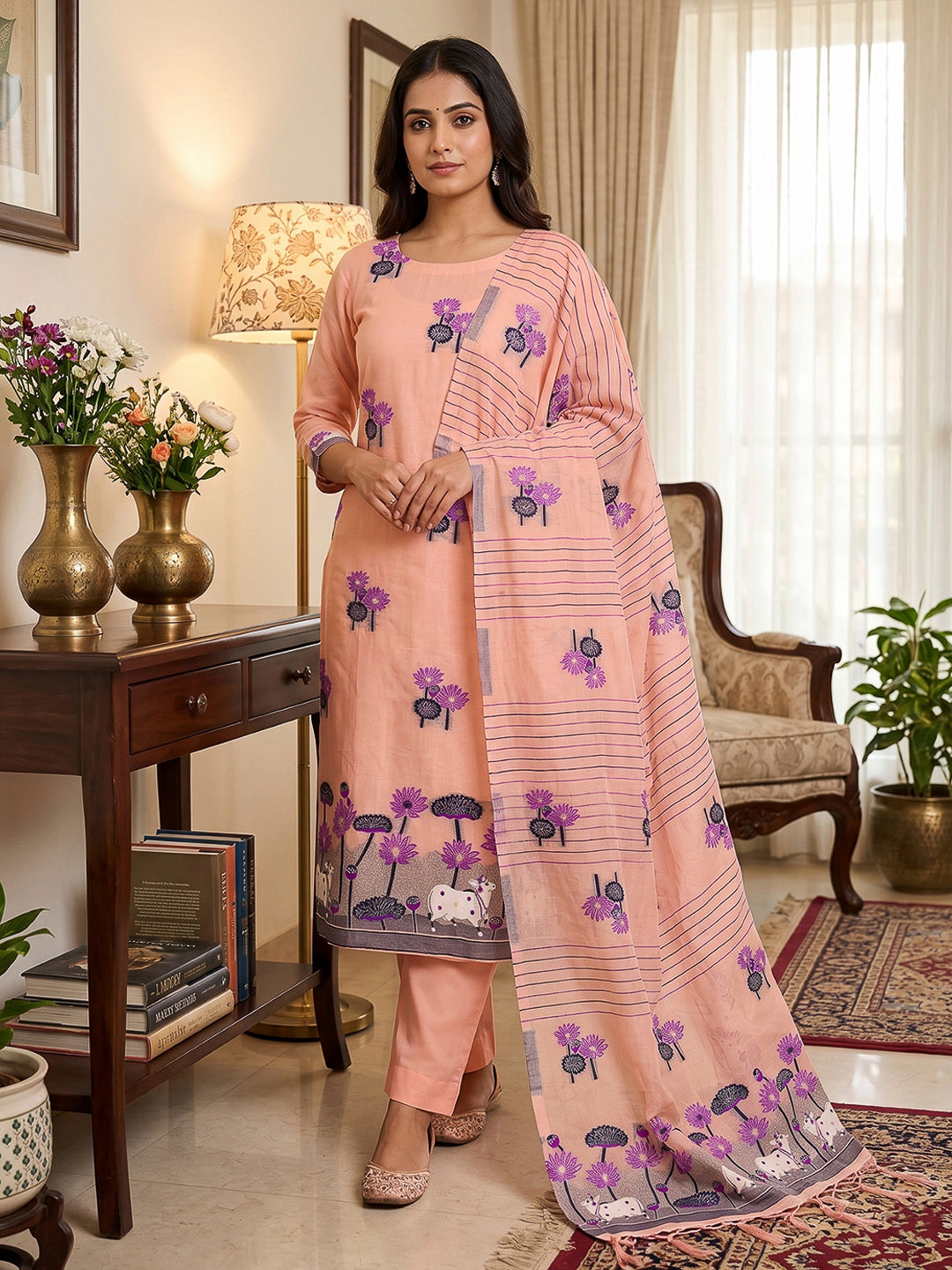 Peach Muga Cotton Woven Design Unstitched Dress Material
