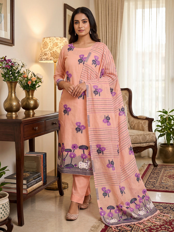 Peach Muga Cotton Woven Design Unstitched Dress Material