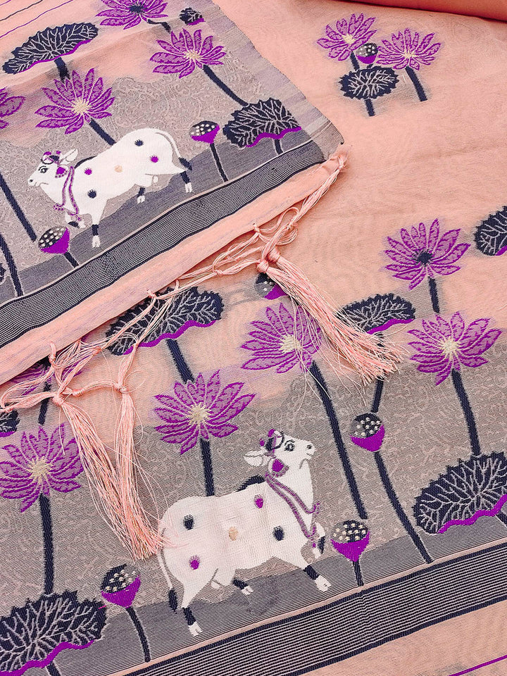 Peach Muga Cotton Woven Design Unstitched Dress Material