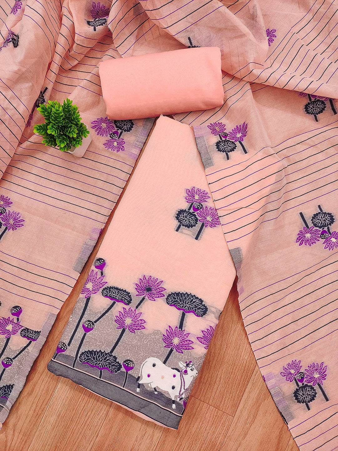Peach Muga Cotton Woven Design Unstitched Dress Material