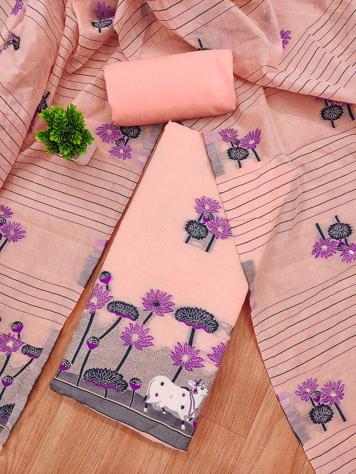 Peach Muga Cotton Woven Design Unstitched Dress Material