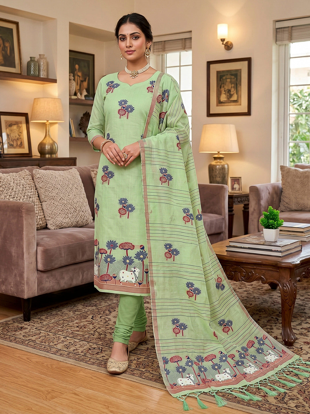 Pista-Green Muga Cotton Woven Design Unstitched Dress Material