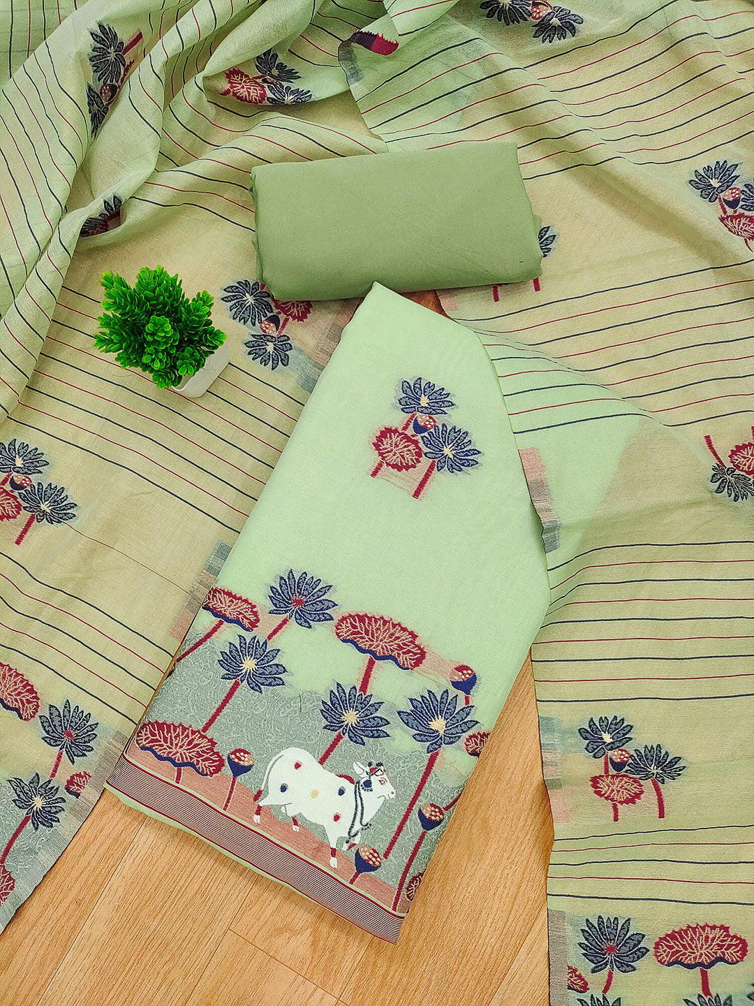 Pista-Green Muga Cotton Woven Design Unstitched Dress Material