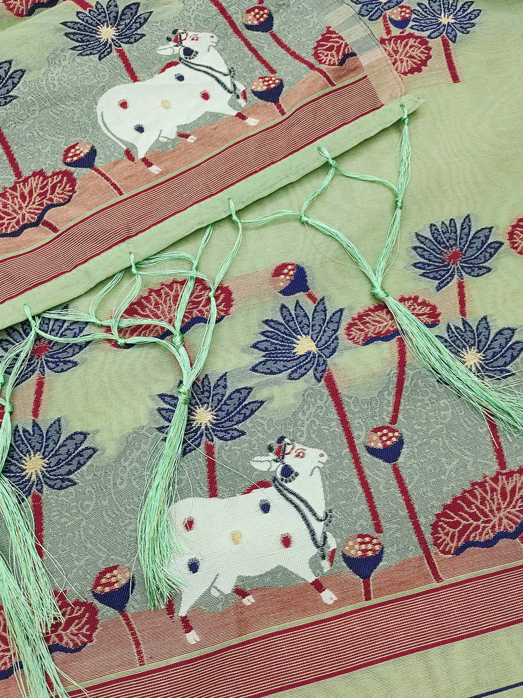 Pista-Green Muga Cotton Woven Design Unstitched Dress Material