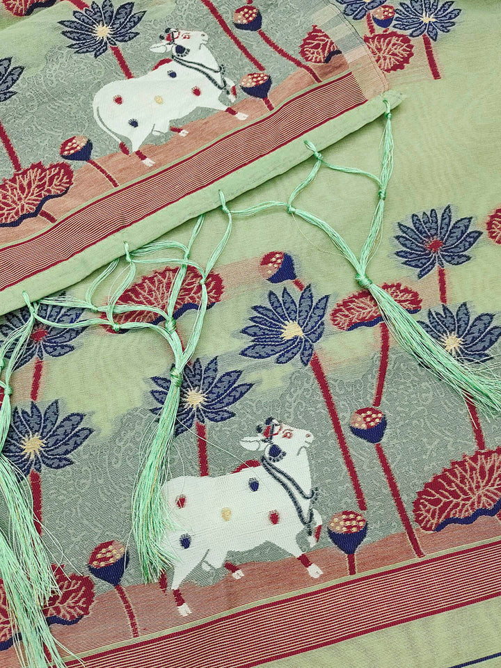 Pista-Green Muga Cotton Woven Design Unstitched Dress Material