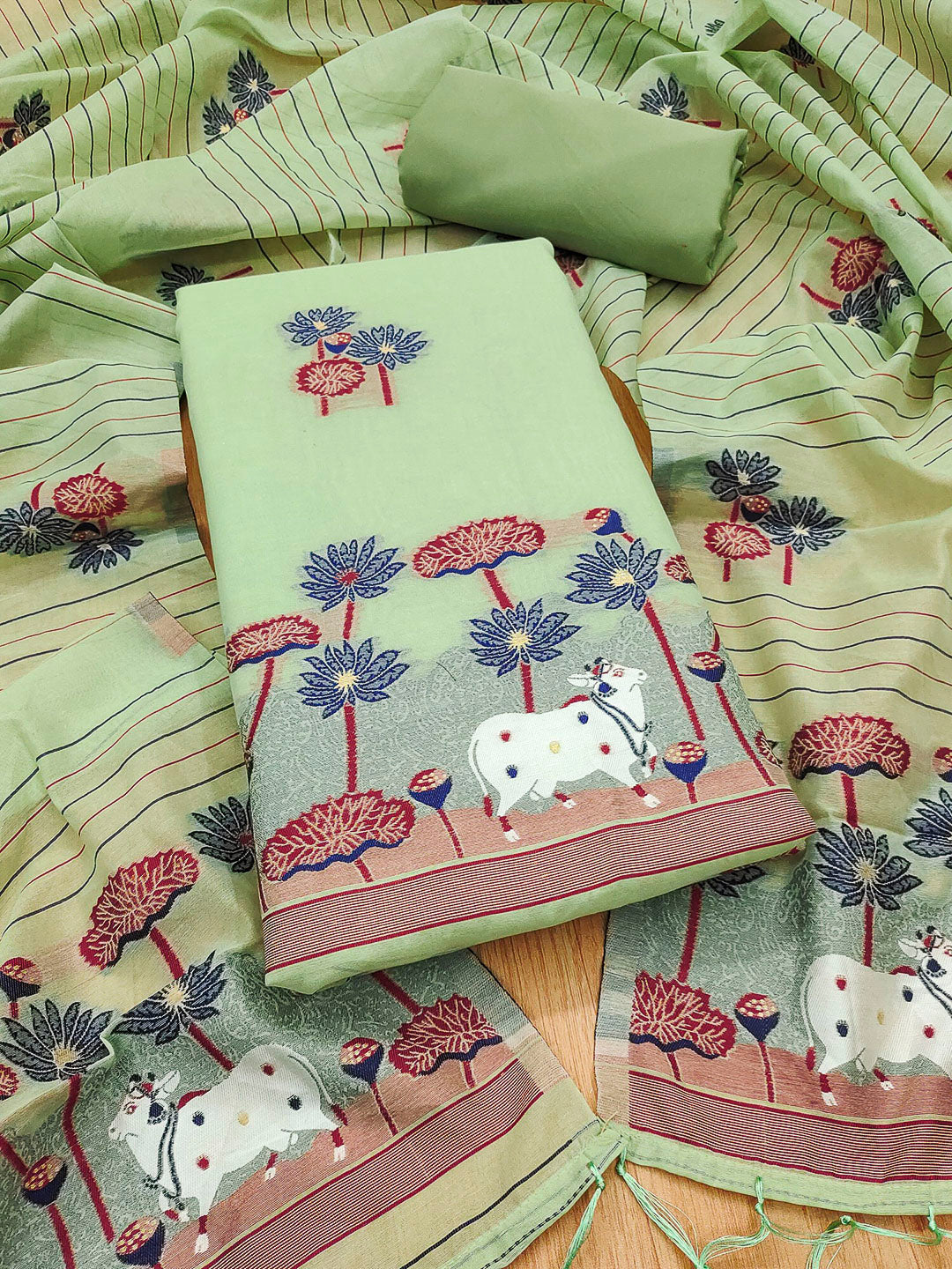 Pista-Green Muga Cotton Woven Design Unstitched Dress Material