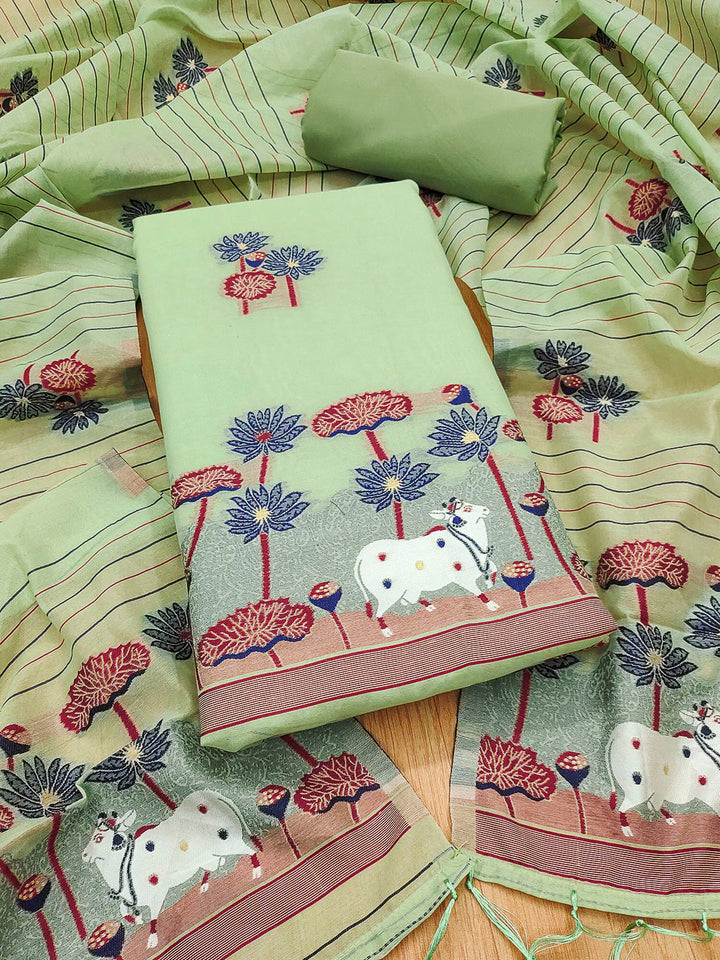 Pista-Green Muga Cotton Woven Design Unstitched Dress Material