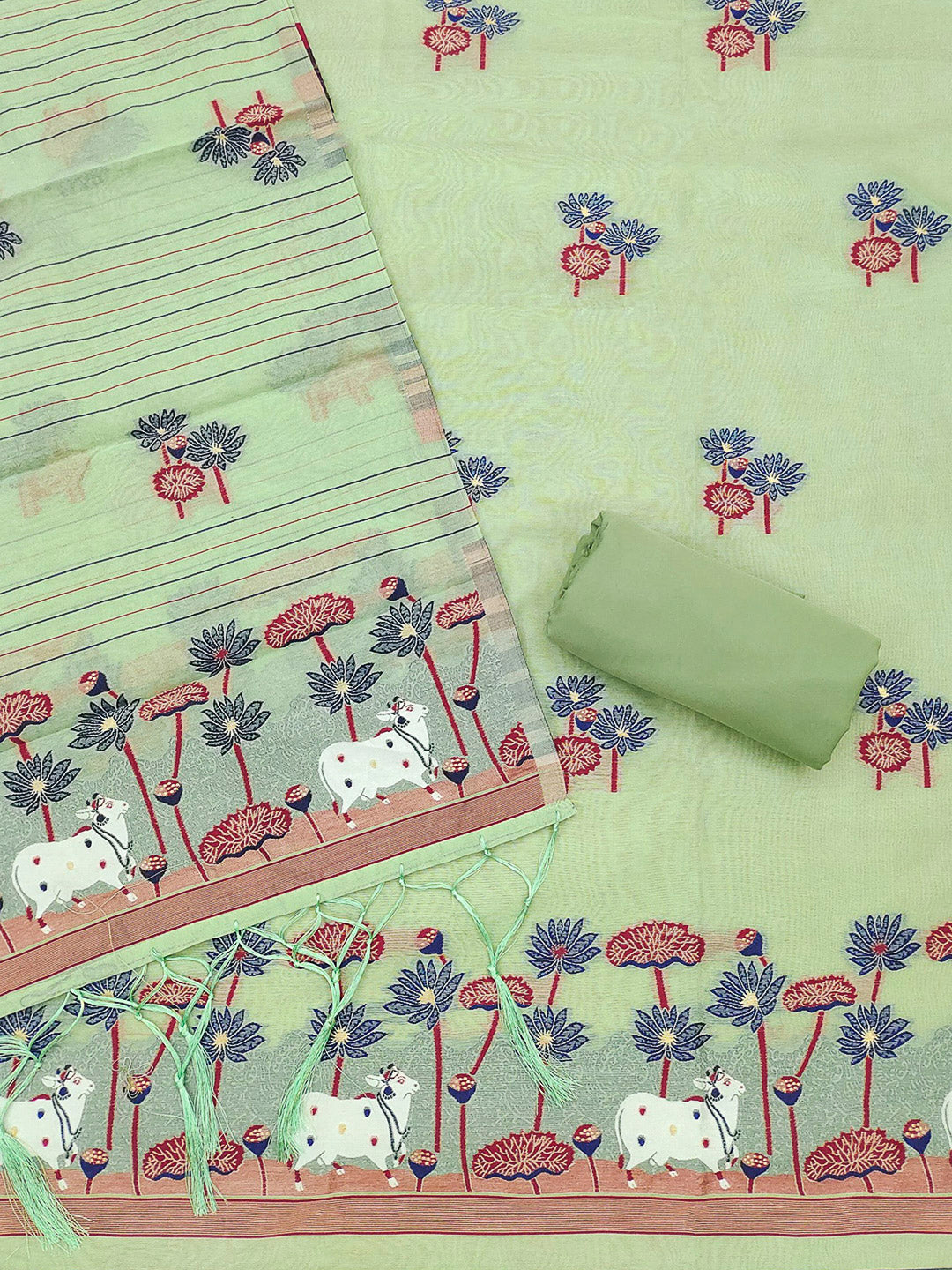 Pista-Green Muga Cotton Woven Design Unstitched Dress Material