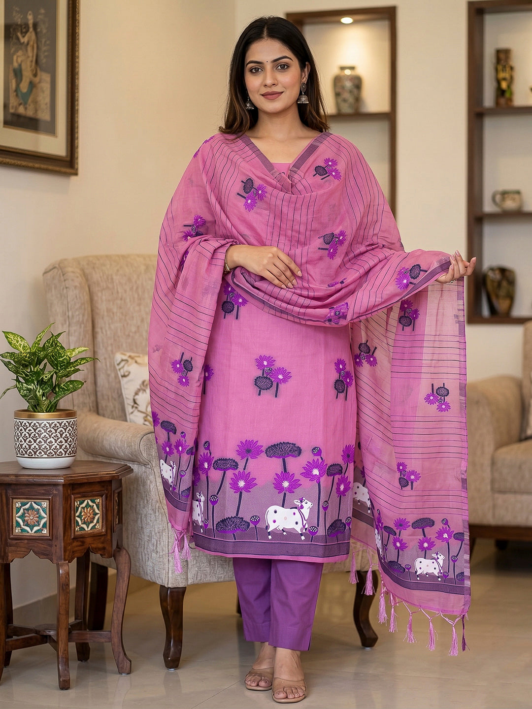 Pink Muga Cotton Woven Design Unstitched Dress Material