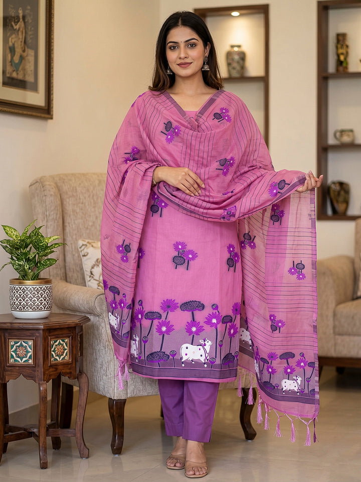 Pink Muga Cotton Woven Design Unstitched Dress Material