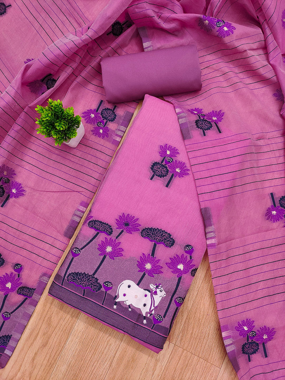 Pink Muga Cotton Woven Design Unstitched Dress Material