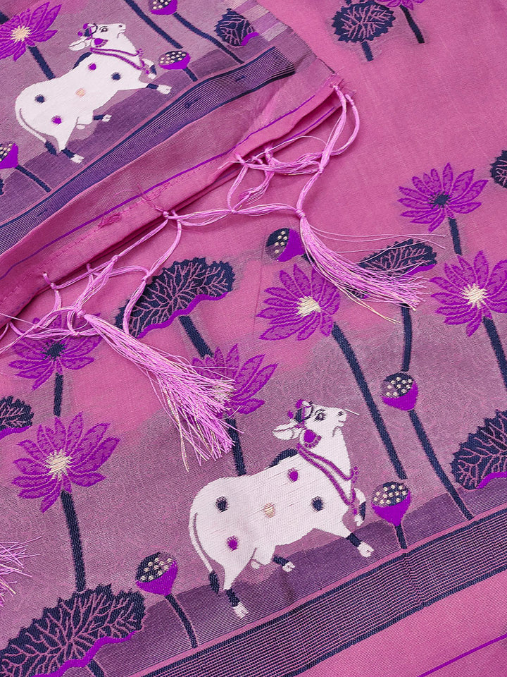 Pink Muga Cotton Woven Design Unstitched Dress Material