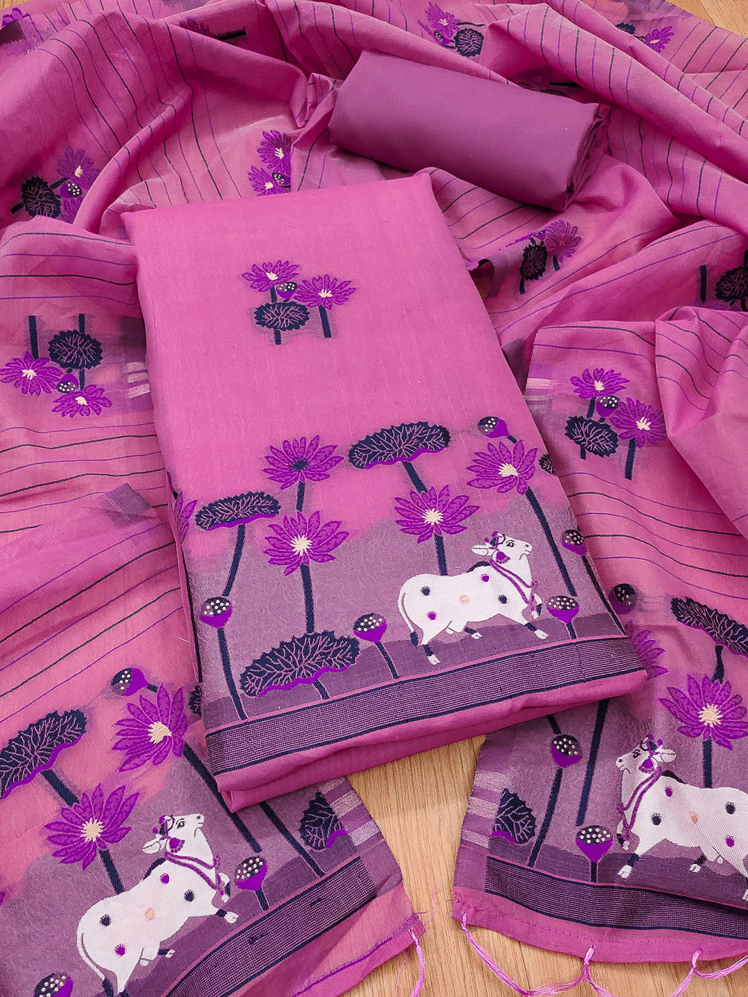 Pink Muga Cotton Woven Design Unstitched Dress Material