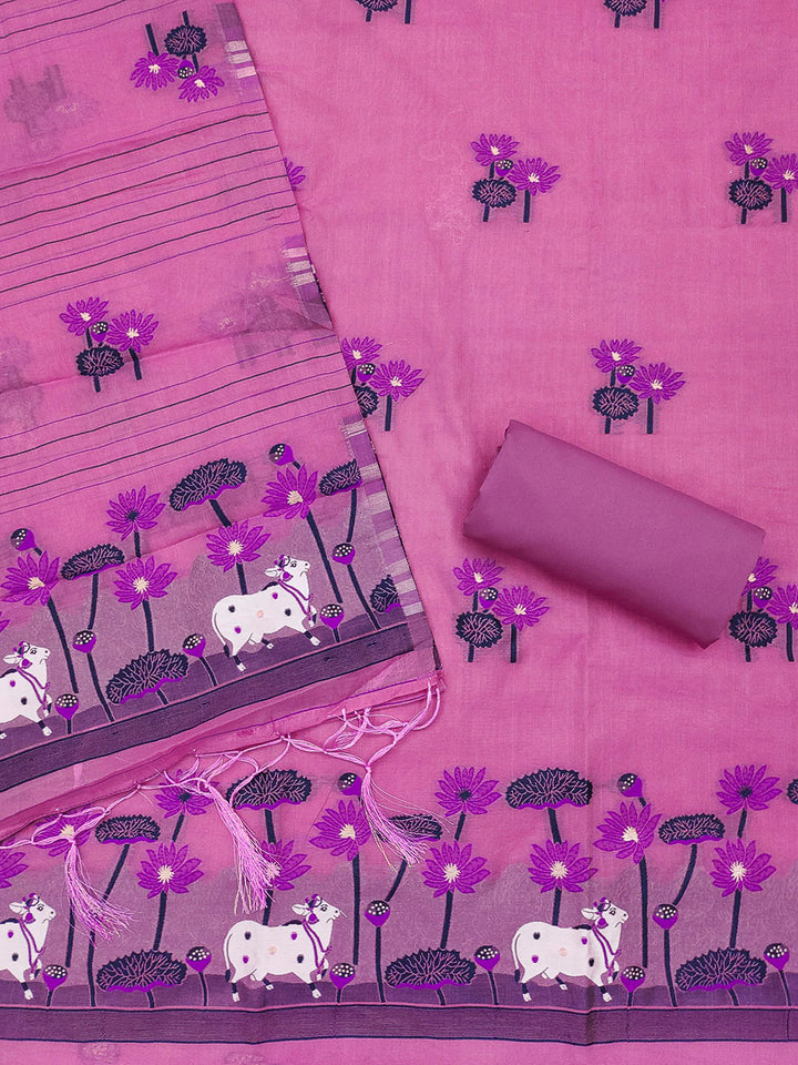 Pink Muga Cotton Woven Design Unstitched Dress Material
