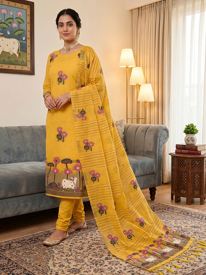 Yellow Muga Cotton Woven Design Unstitched Dress Material