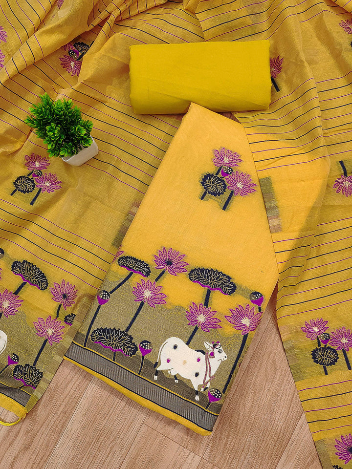 Yellow Muga Cotton Woven Design Unstitched Dress Material