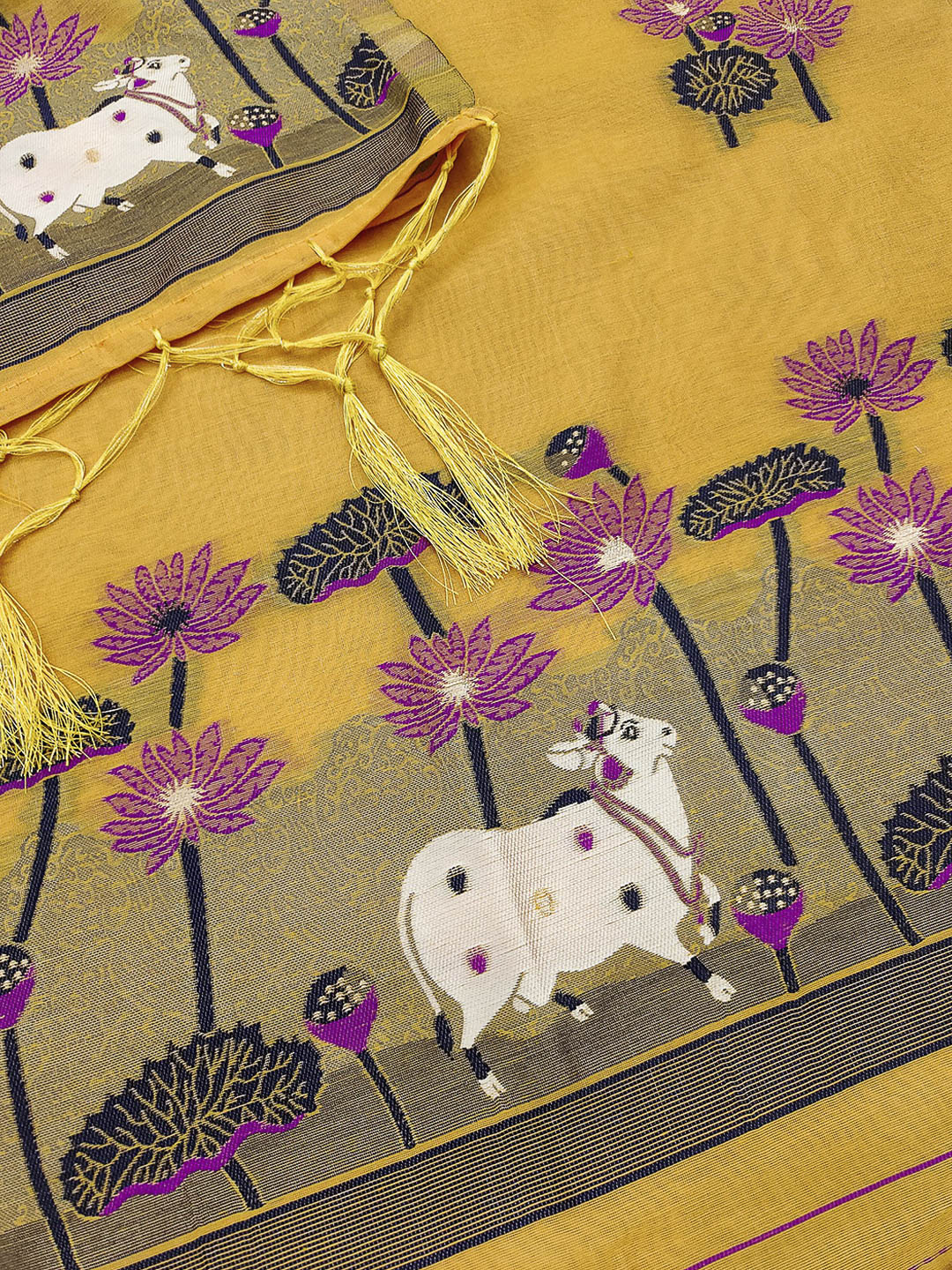 Yellow Muga Cotton Woven Design Unstitched Dress Material