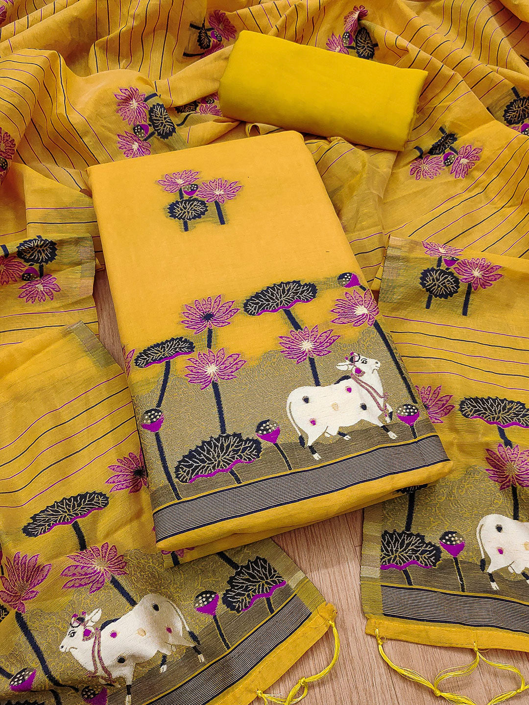 Yellow Muga Cotton Woven Design Unstitched Dress Material