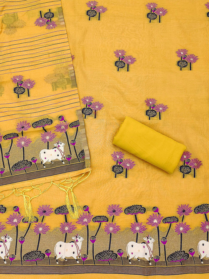 Yellow Muga Cotton Woven Design Unstitched Dress Material