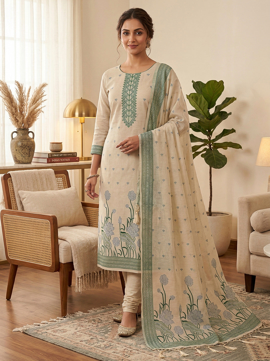 Chikoo Muga Cotton Woven Design Unstitched Dress Material