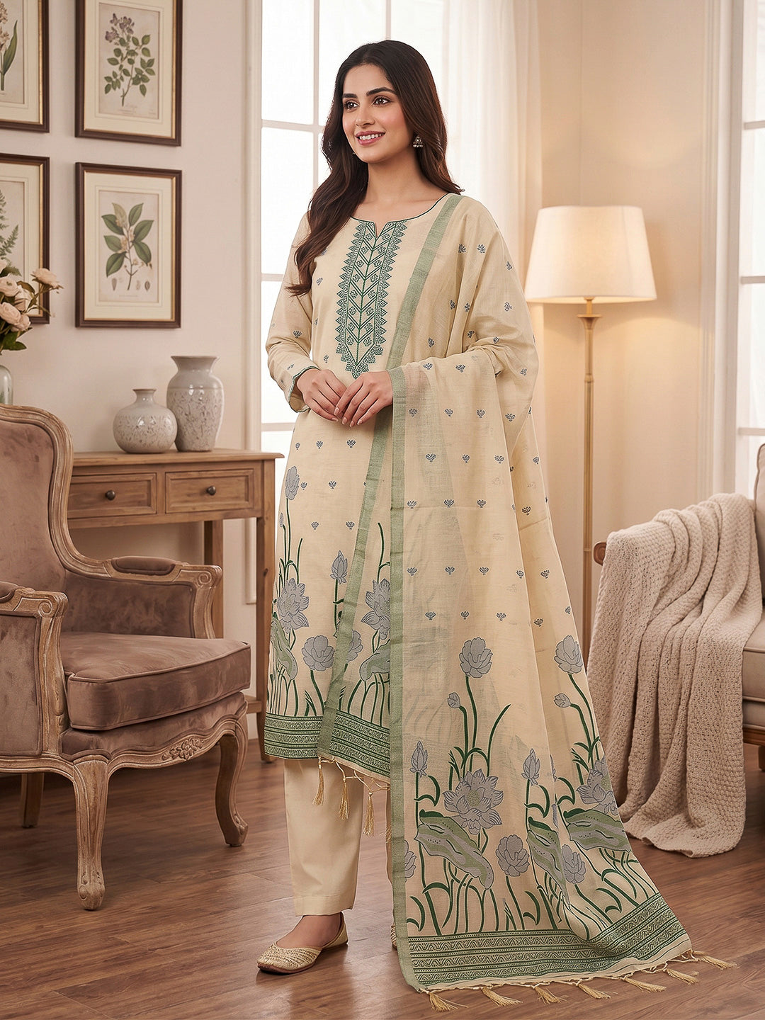 Chikoo Muga Cotton Woven Design Unstitched Dress Material
