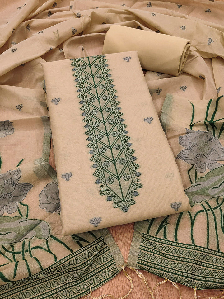 Chikoo Muga Cotton Woven Design Unstitched Dress Material