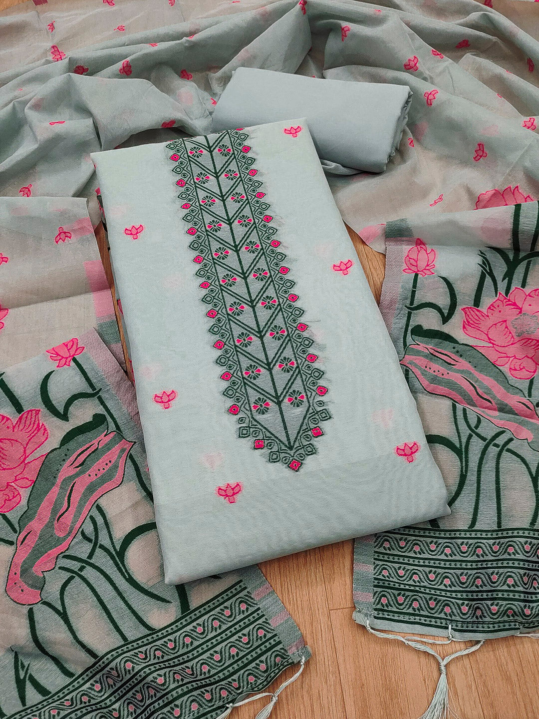 Grey Muga Cotton Woven Design Unstitched Dress Material