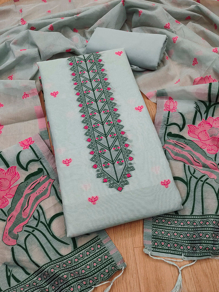 Grey Muga Cotton Woven Design Unstitched Dress Material
