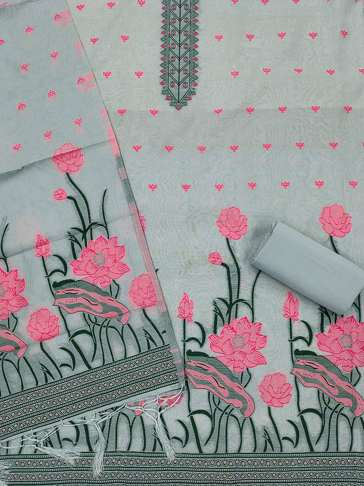 Grey Muga Cotton Woven Design Unstitched Dress Material