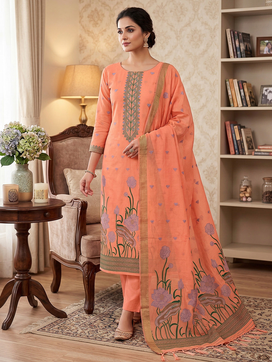 Peach Muga Cotton Woven Design Unstitched Dress Material