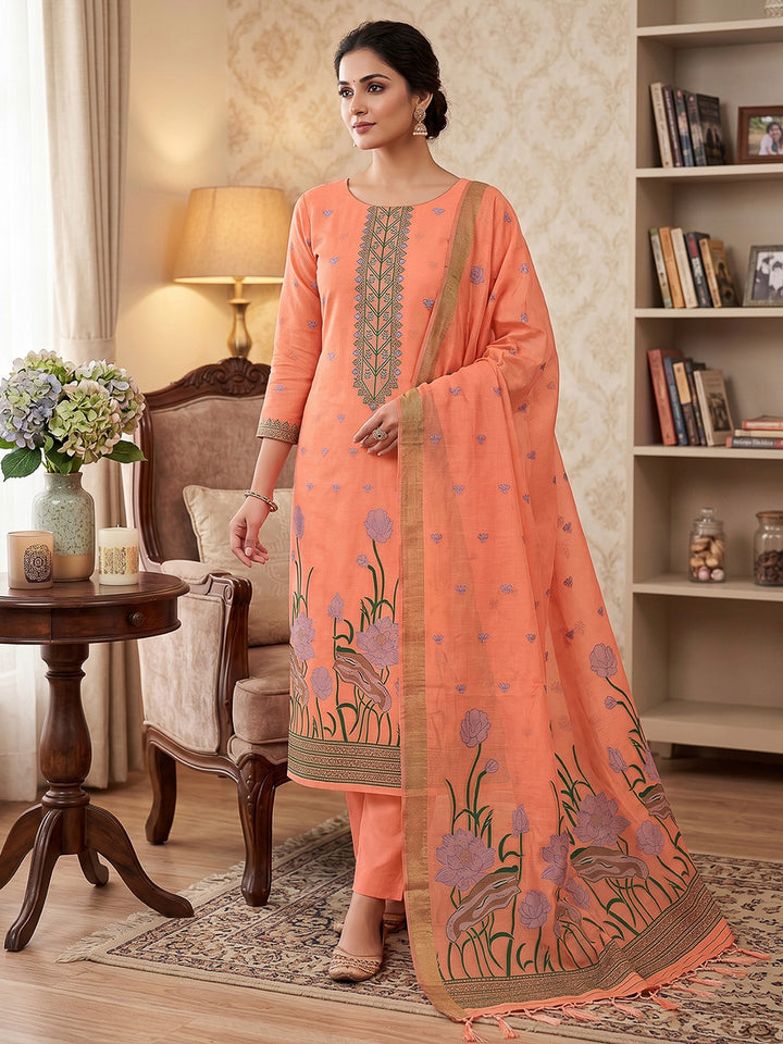 Peach Muga Cotton Woven Design Unstitched Dress Material
