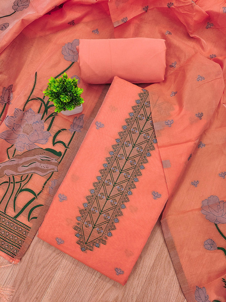 Peach Muga Cotton Woven Design Unstitched Dress Material