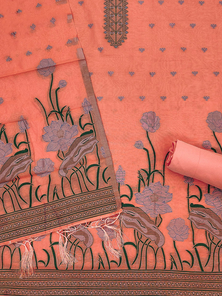 Peach Muga Cotton Woven Design Unstitched Dress Material