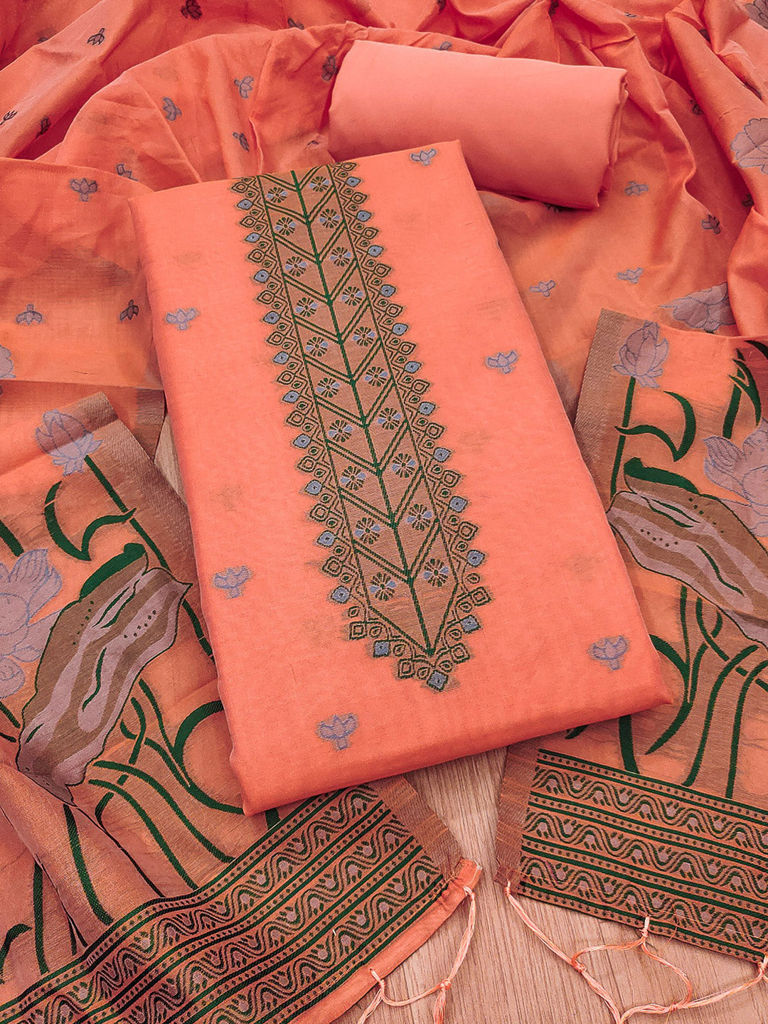 Peach Muga Cotton Woven Design Unstitched Dress Material