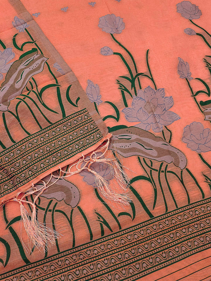 Peach Muga Cotton Woven Design Unstitched Dress Material