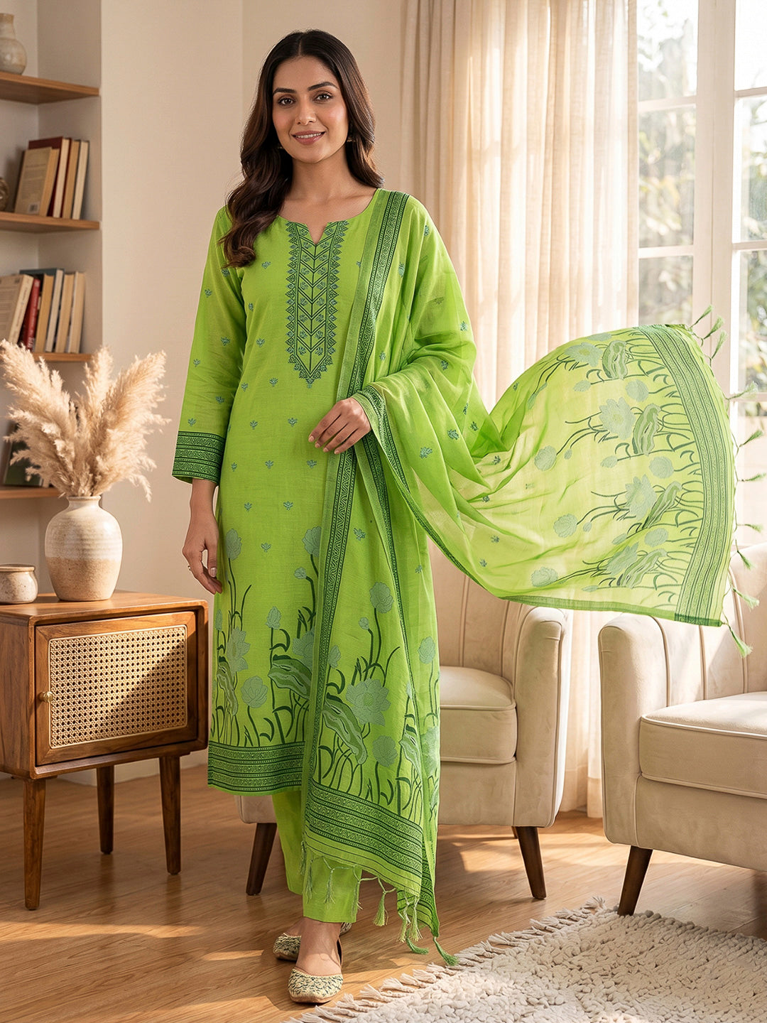 Pista-Green Muga Cotton Woven Design Unstitched Dress Material