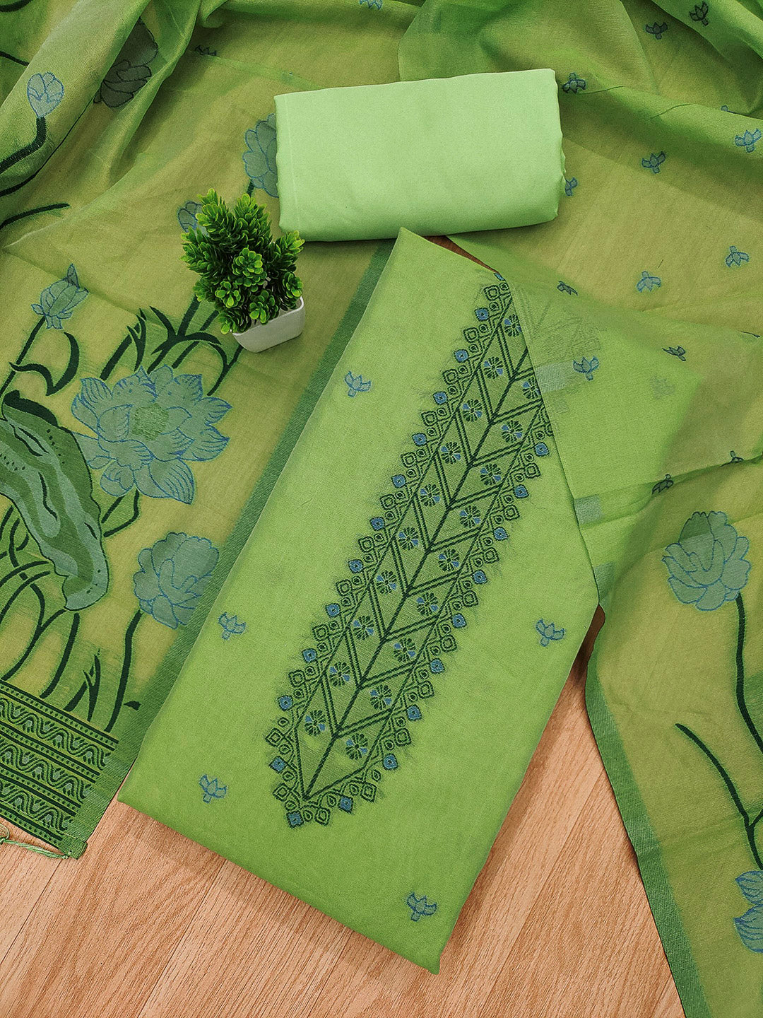 Pista-Green Muga Cotton Woven Design Unstitched Dress Material