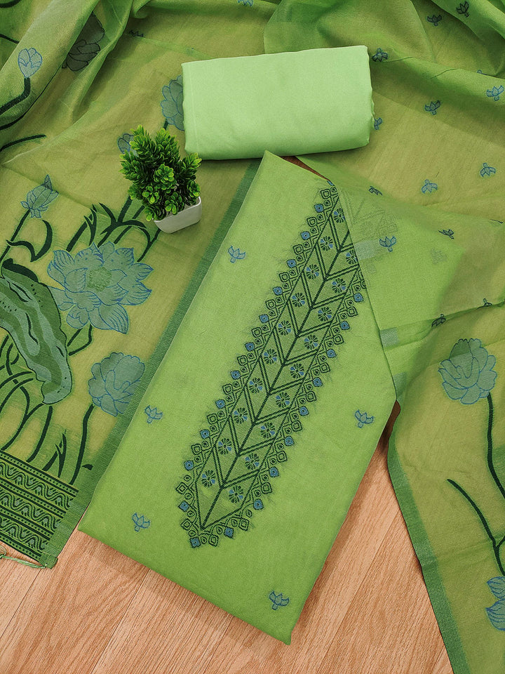 Pista-Green Muga Cotton Woven Design Unstitched Dress Material